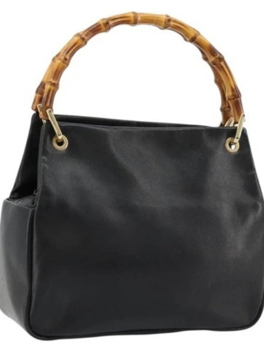 GUCCI Bamboo Hand Bag Leather Black Gold Auth 177513